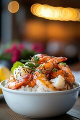 Delicious Grilled Shrimp and Rice Bowl Close up Food Photography