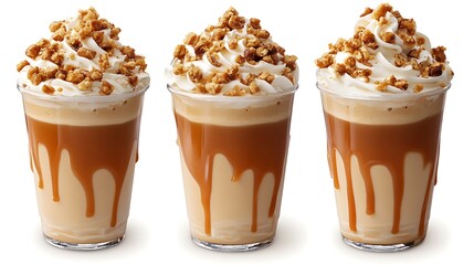 Three Caramel Coffee Drinks with Whipped Cream and Crumble Topping