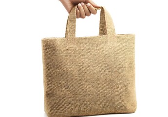 Hand Holding Eco-Friendly Jute Bag Isolated on White Background