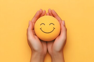 Hands Holding Smiley Face Stress Ball on Yellow Background