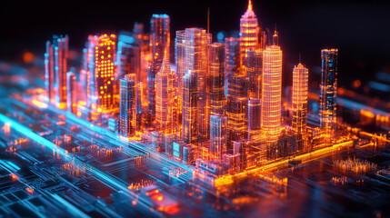 Futuristic Cityscape Glowing With Digital Lights