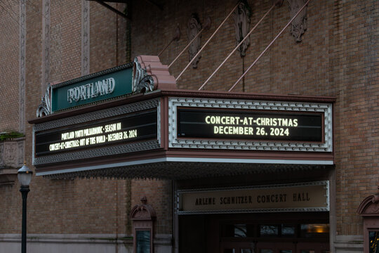 Portland, OR, USA - Dec 26, 2024 - The historic Arlene Schnitzer Concert Hall marquee displaying an upcoming holiday concert. A landmark in Portland's cultural scene