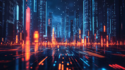 Naklejka premium Futuristic Cityscape at Night with Glowing Neon Lights