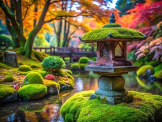 Blurred background highlights tranquil Japanese garden stones, a serene scene.