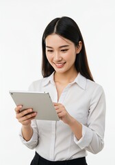 a young asian girl woman is holding a tablet with a happy face . a business woman . Ai generative 