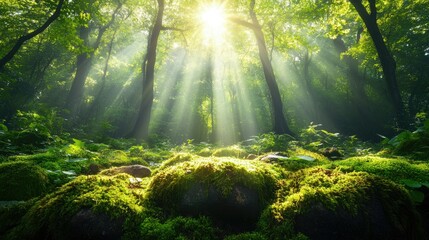 Obraz premium Sunbeams Illuminating a Lush, Mossy Forest