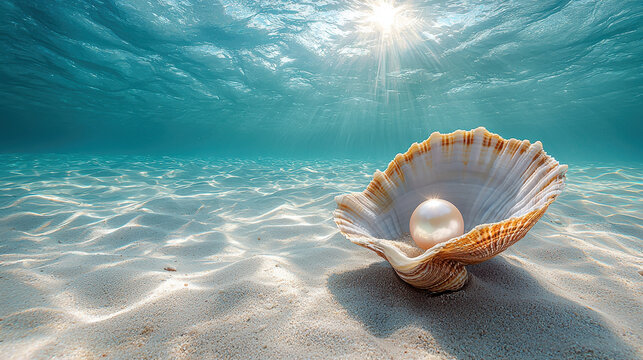 Ocean Treasure: A luminous pearl rests within a pristine seashell on a sunlit ocean floor, creating an image of rarity, elegance, and underwater serenity. 