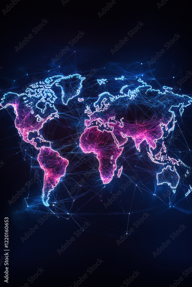 Aufkleber a vibrant, interconnected digital map showcasing the world with neon blue and pink lines, representi