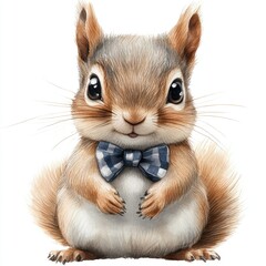 A charming cartoon squirrel wearing a blue checkered bow tie, sitting upright and smiling, surrounded by nature