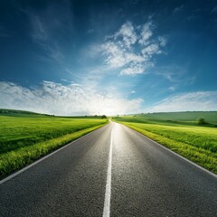 Endless road along green grassland background summer outdoors