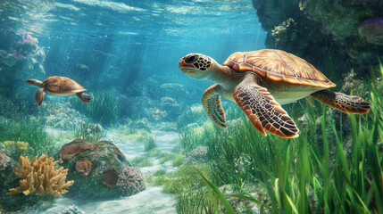 Obraz premium Sea Turtles Underwater Paradise: Two majestic sea turtles gracefully glide through a vibrant underwater coral reef ecosystem, surrounded by lush seagrass and diverse marine life.