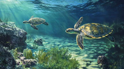 Obraz premium Ocean's Gentle Giants: Two majestic sea turtles glide effortlessly through a vibrant coral reef, sunlight filtering down from the surface, creating an ethereal underwater scene.