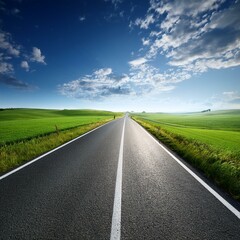 Fototapeta premium Endless road along green grassland background summer outdoors