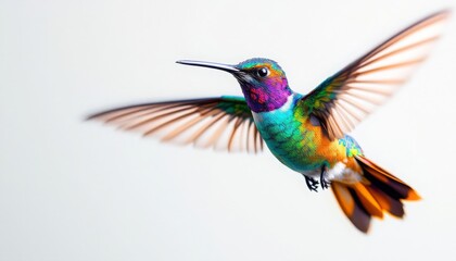 Fototapeta premium Vibrant Hummingbird in Flight Against a Crisp White Background