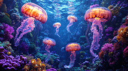 Jellyfish Symphony: A vibrant coral reef becomes a mesmerizing stage for a symphony of jellyfish.  The ethereal glow of the jellyfish against the rich.