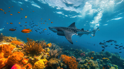 Fototapeta premium Underwater Realm: A majestic zebra shark glides through a vibrant coral reef, surrounded by a kaleidoscope of tropical fish, capturing the breathtaking beauty and diversity of the underwater world. 