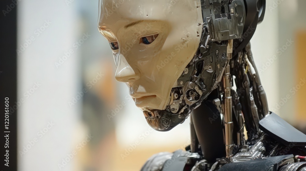 Aufkleber close up view of a robot's head with visible mechanics and a smooth facial design