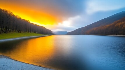 Fototapeta premium Sunrise over mountain lake, calm water reflects colors