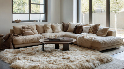 Cozy Living Room Retreat: A luxurious L-shaped sofa in a calming beige tone takes center stage in this modern living room, complemented by a plush sheepskin rug and a low, sleek coffee table.