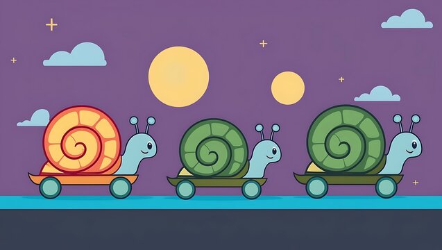 Three Snails Riding on Carts Under a Night Sky