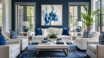 Naklejka premium Serene Blue and White Living Room: Elegant living room interior design showcasing a sophisticated color palette of navy blue and crisp white. The room features a large abstract painting.