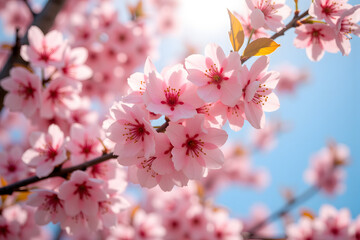 Fototapeta premium Spring comes with the revival of nature and cherry blossoms bloom in the warm sunshine. Capture the beauty and renewal of the season, with vibrant flowers in a gentle warm background.