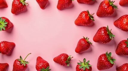 A delightful arrangement of ripe red strawberries on a pink background creates a vibrant and appetizing border, leaving space for text or design elements.