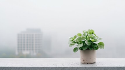 Impact of PM2.5 on Health and Environment. A potted plant on a ledge with a foggy cityscape in the background.