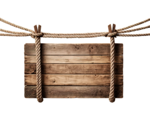 Wooden sign with ropes isolated on transparent or white background, png