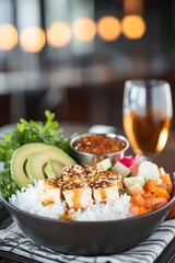 Delicious Teriyaki Tofu Rice Bowl with Avocado Sesame Seeds and Vegetables
