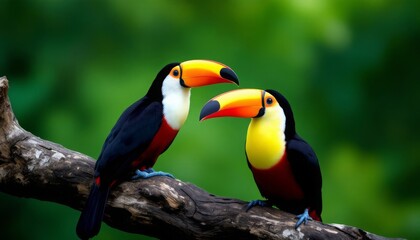 Vibrant Toucans Perched on a Branch in Lush Green Forest