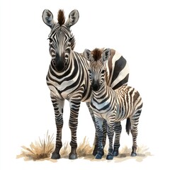A mother zebra stands protectively beside her young foal in a serene savanna setting, showcasing their bond