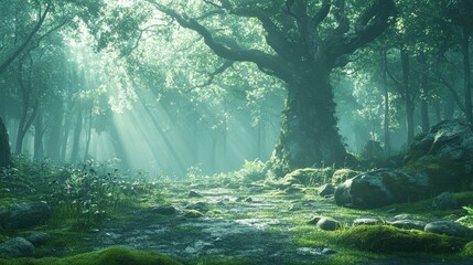 Fototapeta premium Mystical Sunbeams in an Enchanting Forest