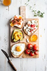 Rustic toast spread with avocado, poached egg, and fresh toppings