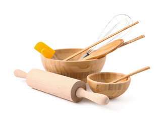 Wooden baking utensils isolated on white background