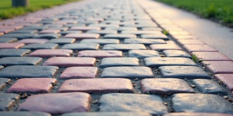 Obraz premium A sunlit pathway of interlocking paving stones, exhibiting a blend of muted pink and dark gray hues, leads the eye towards a distant horizon.