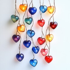 Colorful heart-shaped lights hanging against a white background, creating a festive and warm atmosphere