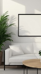 Minimalist living room with white sofa, wooden coffee table, and blank frame.
