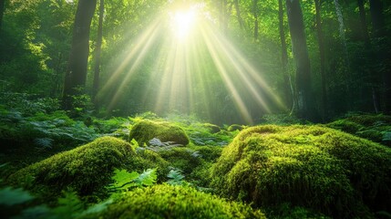 Fototapeta premium Sunbeams Illuminating a Mossy Forest Floor