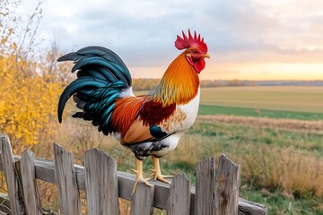 Vibrant rooster displaying colors at sunset farm rural landscape wildlife photography