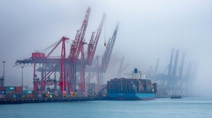 Container ship docked at a port obscured by heavy fog Maritime trade