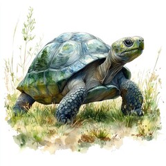 Obraz premium Realistic illustration of a tortoise in a grassy landscape, showcasing its detailed features and natural habitat