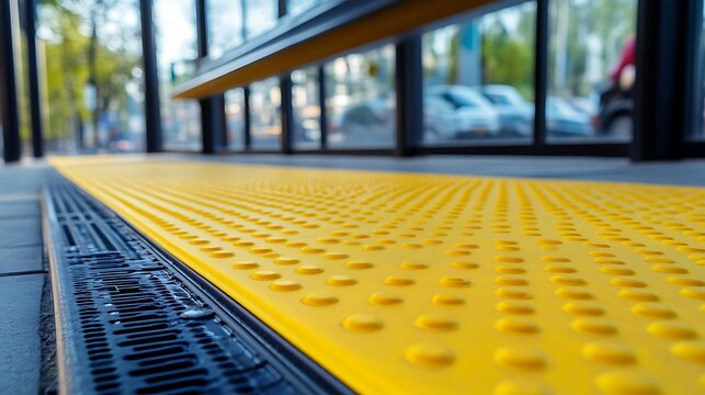 Yellow tactile paving at a bus stop, providing accessibility for visually impaired individuals.  Ensuring safety and inclusivity in public transportation.