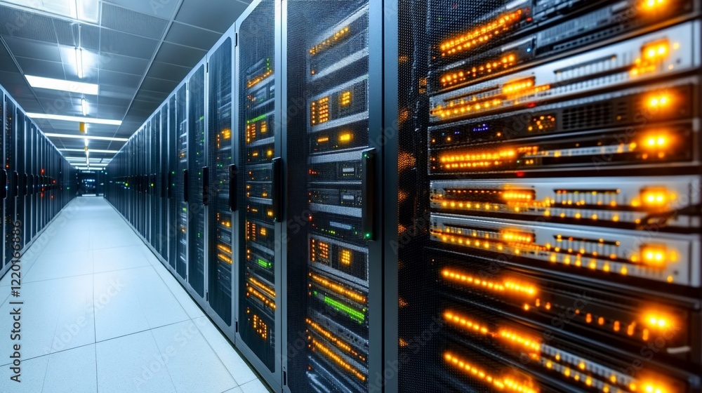 Poster inside a modern data center: rows of servers illuminate the path to technological advancement