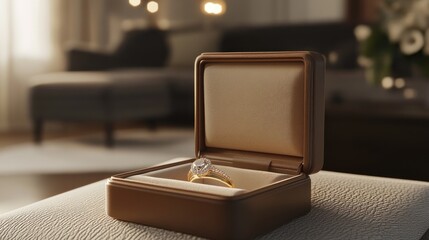 Diamond ring in box, romantic home setting, proposal, lifestyle