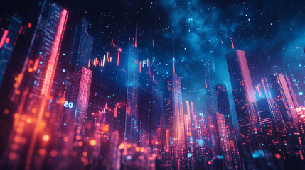 Fototapeta premium Glowing Cityscape at Night, with Starry Sky and Data Visualization
