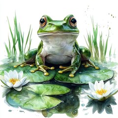 A vibrant green frog perched on lily pads amidst blooming water lilies, surrounded by lush greenery