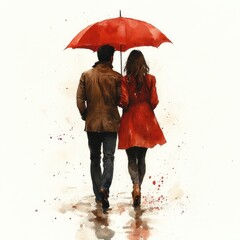 A romantic couple walking under a red umbrella on a rainy street, with splashes of color in the background