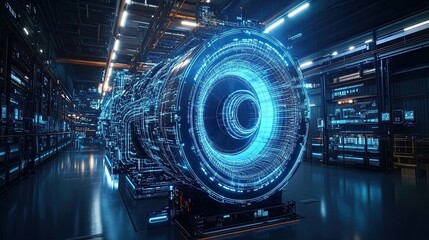 A large jet engine displayed in an industrial setting, showcasing advanced engineering, innovation, and high-tech machinery in the aerospace and manufacturing sectors.