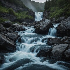 Fototapeta premium Write about the sound of water crashing on rocks below a waterfall from a distance.